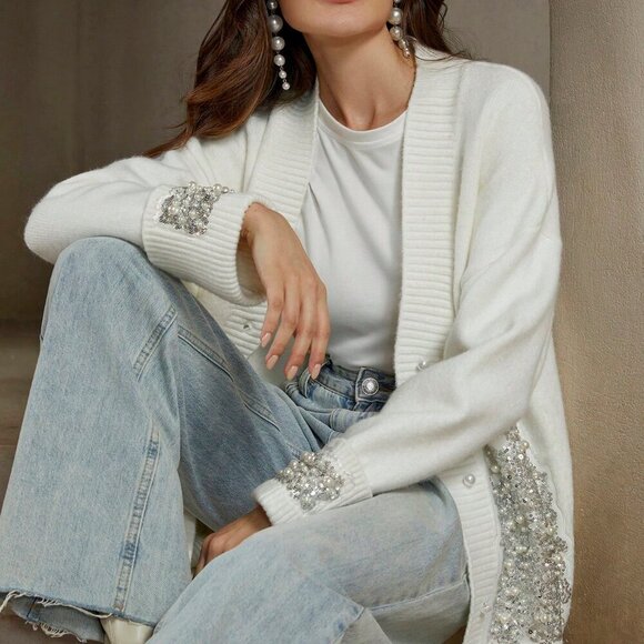 White Casual Women's Sequin & Faux Pearl Embellished Sweater Cardigan - Picture 4 of 6